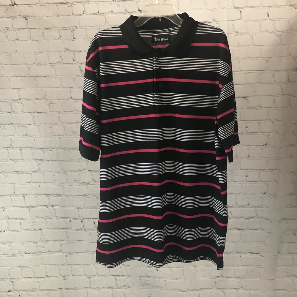 SHIRT - Men's Old Skool black, white and hot pink striped polo style shirt.